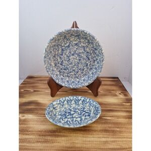 x2 Bel-Terr China BTC USA Blue Spongeware Pottery Circle 92187 Oval 9700 Lot Set